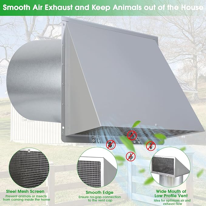 10 Inch Hooded Wall Vent with Screen and Damper,Outdoor Wall Exhaust Vent Cover Cap for Kitchen Range Hood HVAC Duct Dryer Ventilation&Outside Exterior Mount,Galvanized Steel,Gray