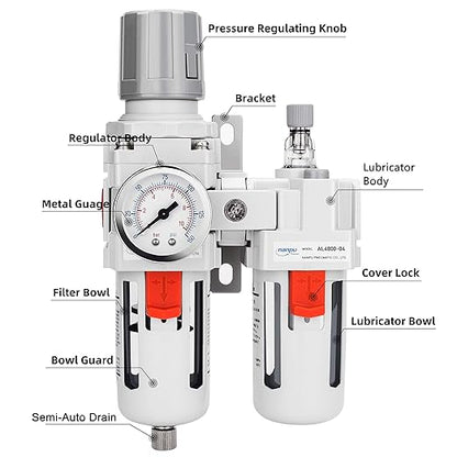 NANPU 1/2" NPT Compressed Air Filter Regulator Lubricator Combo Water/Oil Trap Separator - Gauge(0-150 psi), Poly Bowl, Semi-Auto Drain, Bracket - 3 in 1 Two Unit