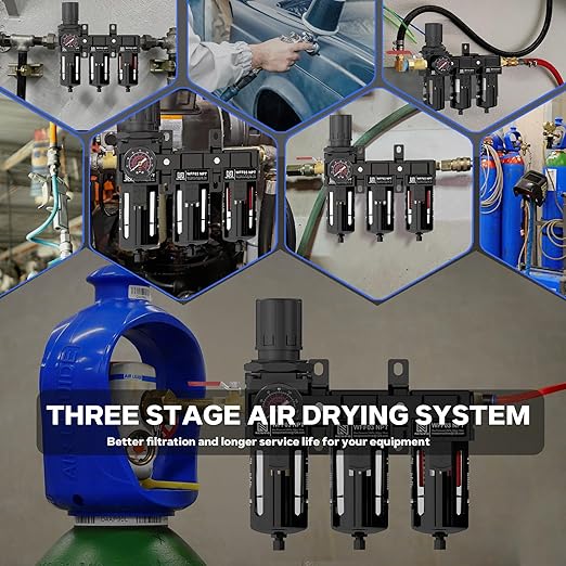 NEWPO 3/8" NPT Air Drying System for Water Separator,3 Stage Compressed Air Filter Regulator Combo, 5＆0.5&0.01 Micron Filter Cartridge,Semi-Auto Drain, Metal Bracket-Black