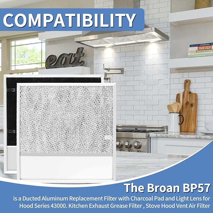 BP57 Range Hood Filter with Light Lens pack 2 for Broan-NuTone 43000 Series Stove Hood Vent Air Filter-Kitchen Exhaust Grease Aluminum Filter- 11-3/8 x 11-3/4 In