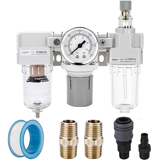 NANPU 1/4" NPT Air Filter, Regulator & Lubricator (FRL) Combo - Water/Oil Trap Separator - Pressure Gauge(0-150 psi), 5 Micron Brass Element, Semi-Auto Drain, Poly Bowl, Metal Bracket