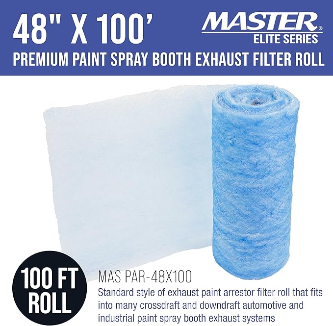 Master Airbrush Elite Paint Spray Booth Exhaust Filter Roll 48" x 100' - 18 Gram Heavy-Duty Fiberglass Paint Arrestor for Filtering Overspray Particles in Auto Body Shops & Refinish Booths
