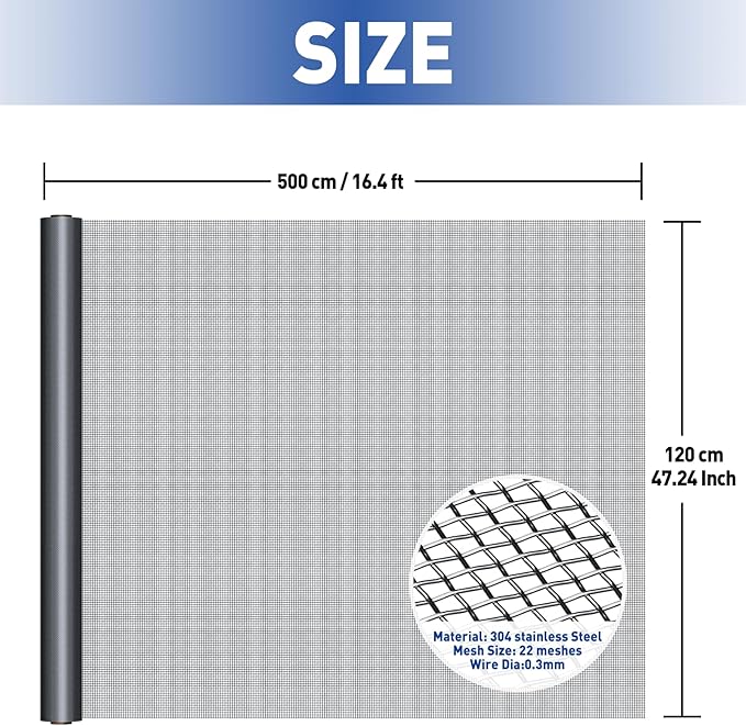 MAGZO 304 Stainless Steel Mesh Screen Roll 47in x 16.4ft - 22 Mesh Pet Proof Metal Window Screen Replacement, Screen Door Mesh for Patio,Porch,Pet,Cage,Vent Cover,Filter,Gutter Guard,Rodent Protection