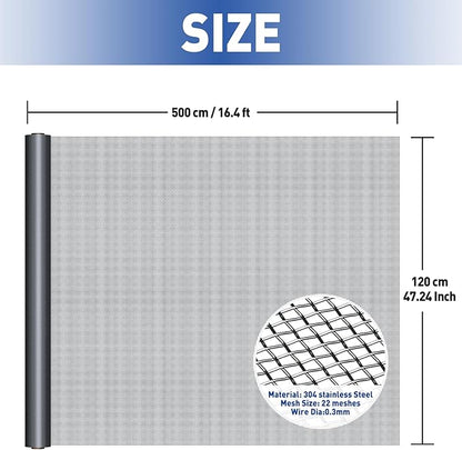 MAGZO 304 Stainless Steel Mesh Screen Roll 47in x 16.4ft - 22 Mesh Pet Proof Metal Window Screen Replacement, Screen Door Mesh for Patio,Porch,Pet,Cage,Vent Cover,Filter,Gutter Guard,Rodent Protection