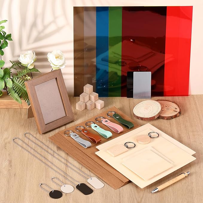 Tondiamo 76 Pcs Laser Material Explore Kit for Laser Engraving Materials Accessories Including Wood, Metal, PU Leather, PVC Materials for Laser Engraver Crafting Supplies