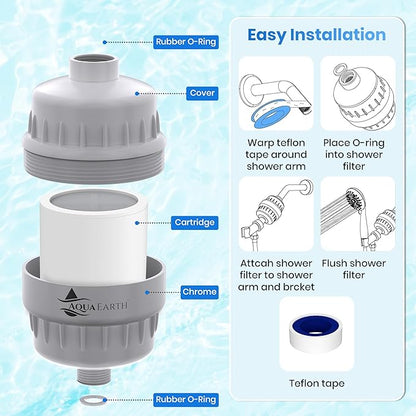 Shower Head Filter For Hard Water 20 Stages to Remove Chlorine Fluoride Water Softener Coconut Shell Activated Carbon Reduces Dry Itchy Skin Heavy Metals Other Sediments Vitamin C Aqua Earth