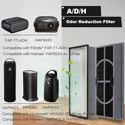 A/D/H HEPA Filter, Allergen Reduction + Odor Eliminator, Compatible with Filtrete 3M Air Purifier FAP-TT-ADH and Homes HAP9432, HAP9243, HAP9415, Fits for Honeywell Air purifier HPA060(BWM), 2-Pack