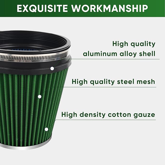 6" 152mm Cold Air Intake Filter Clamp-On Replacement High Flow Inlet Air Filter High Performance Washable Cone Filter 7" Tall Green
