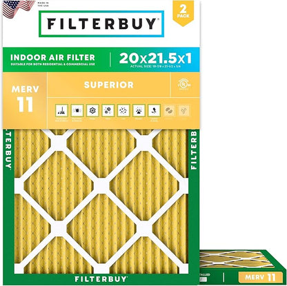 Filterbuy 20x21.5x1 Air Filter MERV 11 Superior Pet & Allergy Defense (2-Pack), Electrostatic Pleated HVAC AC Furnace Filters Replacement, Made in USA (Actual Size: 19.88 x 21.50 x 0.75)