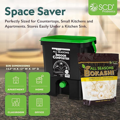 All Seasons Indoor Composter Starter Kit – 4.4 Gallon Black Organko Compost Bin for Kitchen Countertop with Scoop, Cup, Presser & 2 lbs. (1 Gallon) of Bokashi, 77% Recycled Plastic by SCD Probiotics