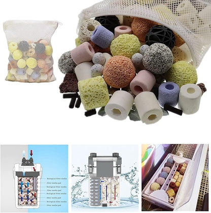 Aquarium Filter Media 15-in-1 Mineral Balls & Ceramic Rings - 1000g with Zippered Mesh Bag for Fish Tank/Pond Filters