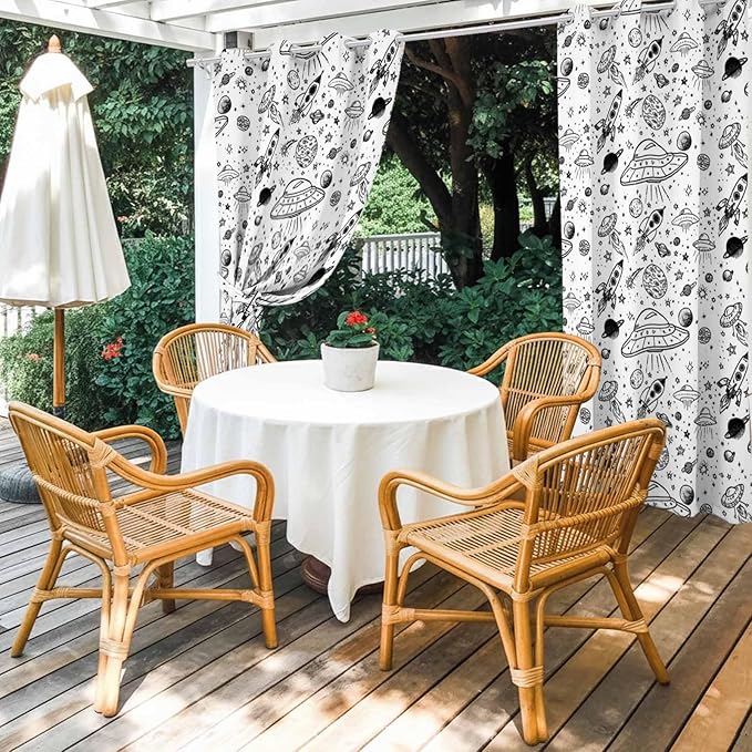 Cartoon Space Outdoor Curtains for Patio Rockets Astronauts Planets Black Waterproof Outside Curtains with Grommet Top Weatherproof Curtain for Cabana Pergola Gazebo, 2 Pack, 54" W x 95" L