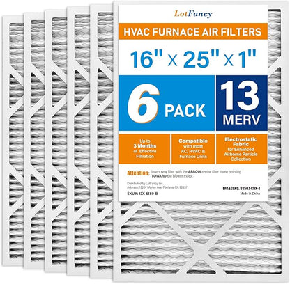 LotFancy 16x25x1 Air Filter MERV 13 6-Pack, Electrostatic Pleated HVAC Furnace Air Filter, Captures Pet Dander Smog Smoke, Actual Size: 15.75"x24.75"x0.75"