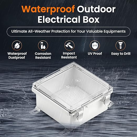 QILIPSU Waterproof Junction Box IP67 Outdoor Plastic Electrical Project Enclosure Weatherproof with Mounting Plate, Wall Brackets, Hinged Clear Cover 5.9"x5.9"x3.5" CC