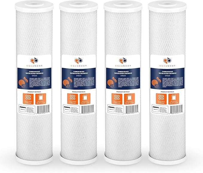 Aquaboon Carbon Water Filter Replacement - 5 Micron 20 x 4.5 inch - Whole House CTO Carbon Block Water Filter Cartridge Compatible with FC25B, EPM-20BB, CB-BB-20, 155783-43, 4 Pack