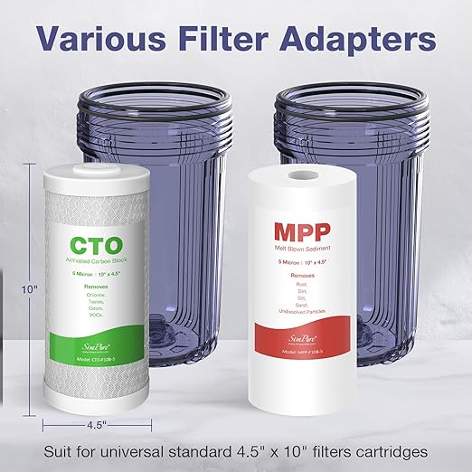 SimPure Whole House Water Filter System, 2 Stages Clear Home Water Pre-Filtration with Carbon and Sediment Filters, Reduce Odor, Chlorine, Taste, Iron, 1" NPT Brass Port, BPA Free(DB10C-2)