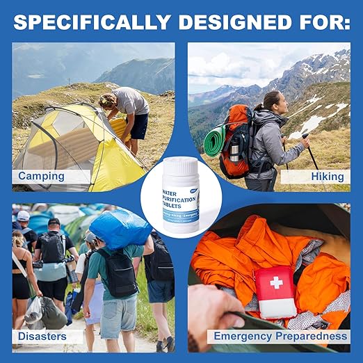 Water Tablets Purification for Drinking (100 Count) - Water Filtration System Survival for Camping, Boating, Hiking, Backpacking, Emergencies - Portable Water Treatment for Safe Drinking Anywhere