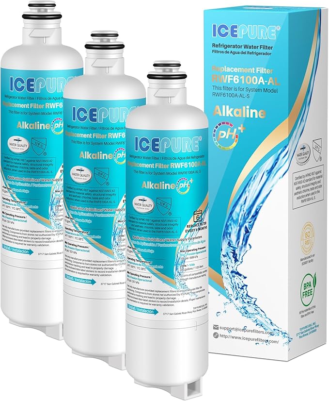 ICEPURE Alkaline BORPLFTR50 Refrigerator Water Filter Replacement for Bosch Ultra Clarity Pro 11032531, 12033030, BORPLFTR55, 12028325, 11025825, B36CT80SNS, WFC100MF, WFS200MF, Enhances PH, 3Pack