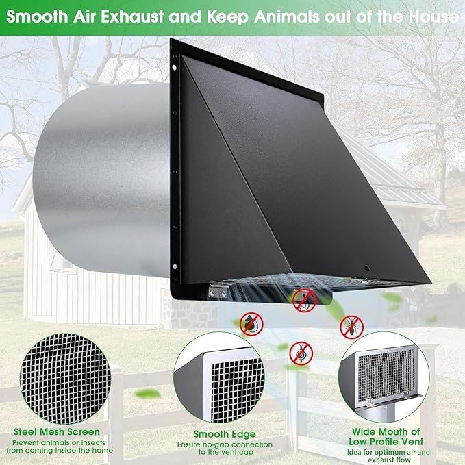 7 Inch Hooded Wall Vent with Mesh and Damper, 7'' Exhaust Vent Cover Cap for Kitchen Range Hood/Dryer/Laundry/Bathroom Exhaust Fan,Outside Wall Vent Hood Exterior Duct Vent Cap-Galvanized Steel,Black