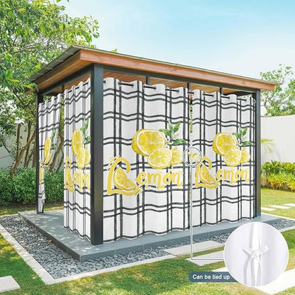 Lemon Outdoor Curtains for Patio Lemon Leaves Summer Plaid Buffalo Waterproof Outside Curtains with Grommet Top Weatherproof Curtain for Cabana Pergola Gazebo, 1 Panel, 54" W x 108" L