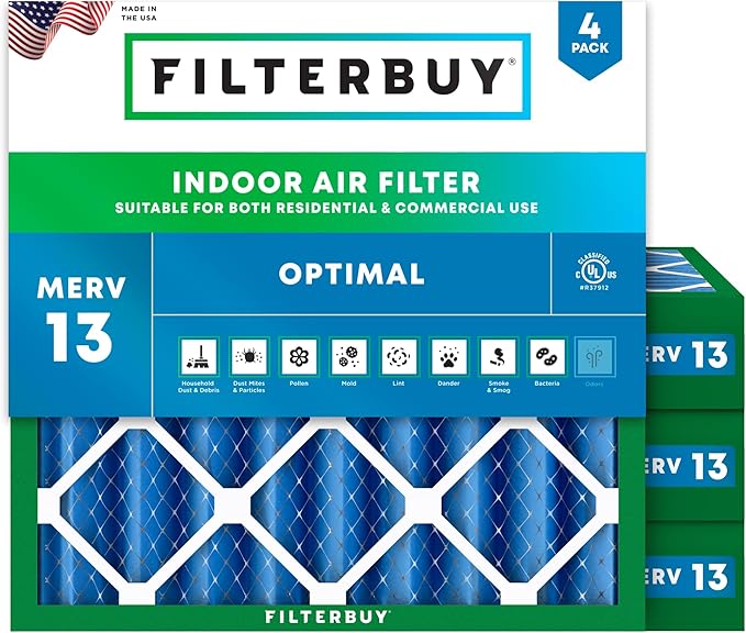Filterbuy 25x25x4 Air Filter MERV 13 Optimal Smoke & Allergy Defense (4-Pack), Electrostatic Pleated HVAC AC Furnace Filters Replacement, Made in USA (Actual Size: 24.50 x 24.50 x 3.63)