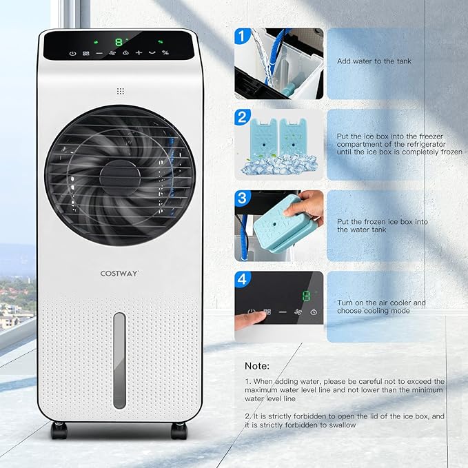 COSTWAY Portable Evaporative Air Cooler, 3-in-1 Swamp Cooler w/Remote Control, 360° Rotating Fan Blade, 3 Modes, 12H Timer, 2 Ice Packs, Air Cooling Fan with Fan & Humidifier for Room Home Office