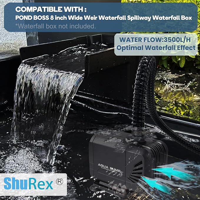 900 GPH 45W Submersible Water Pump and 10 FT Tube for POND BOSS 8 inch Wide Weir Waterfall Spillway Waterfall Box