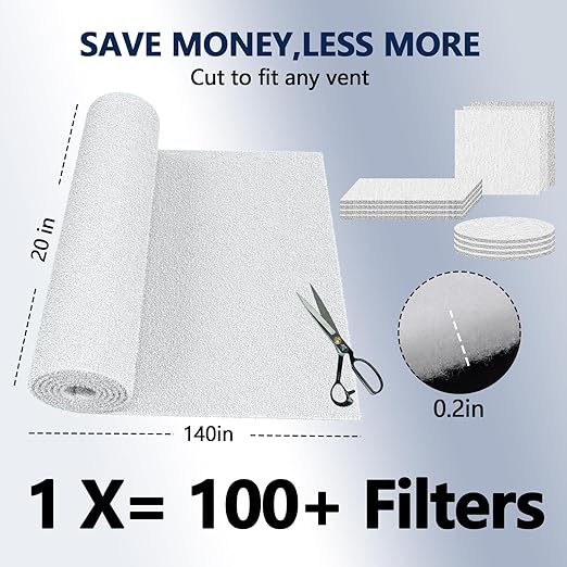 MERV 8 Air Vent Filters, 20" x 140"Cut to Fit Air Filter Material (100+ Filters),Electrostatic Triple Vent Filter for Floor, Ceiling, HVAC Furnace Vents, Includes 48 Adhesive Hook Tape
