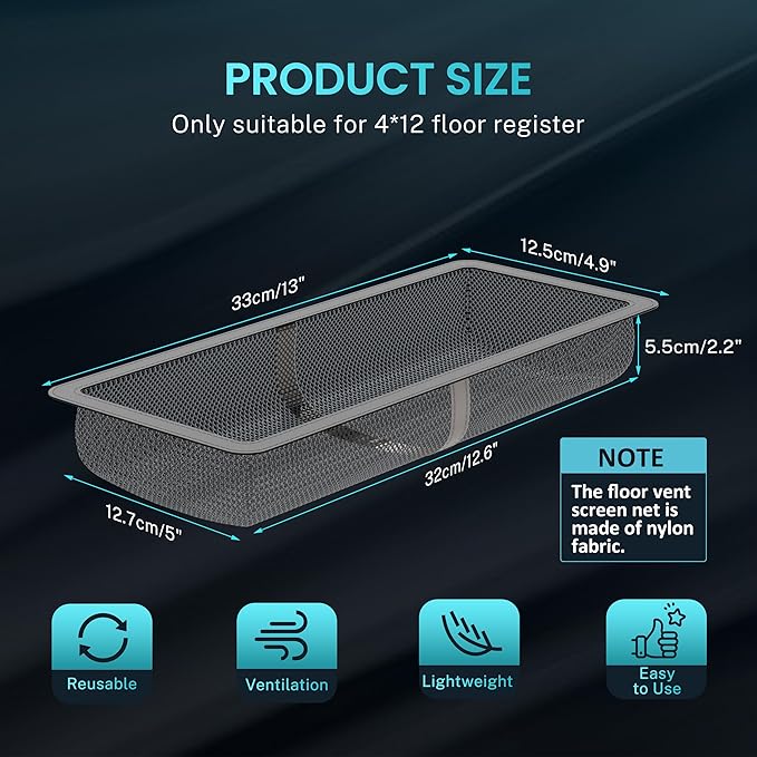 6 Pack Floor Register Cover Trap, HG Power 4 x 12 Inch Floor Vent Screen Net, Nylon Fabric Mesh Air Vent Filter for Home Floor, Catches Coins, Toys, Snacks, Pet Hair, Pet Food