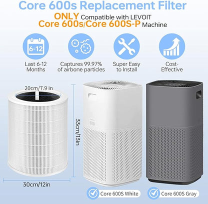 Core 600S Replacement Filter Compatible With Levoit Core 600s, 3-In-1 High-Efficiency Filter And Activated Carbon Filter, Part#Core 600S-Rf for Home Dust/Smoke Odors/Pet Dander Removing, 2Pack, White