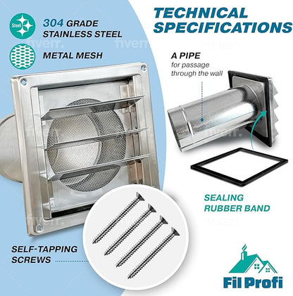 (5 Inch) Wall Vent Cover with Metal Mesh Screen,Exterior Hood Vent for House,Extended air Pipe.