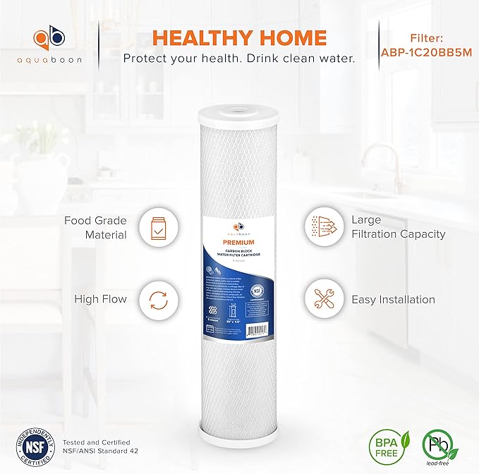 Aquaboon 5 Micron 20 x 4.5 Premium CTO Activated Carbon Water Filter Cartridge Replacement for Whole House Compatible with FC25B, EP-20BB, 2-PACK