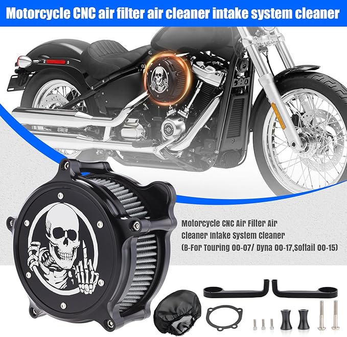 Motorcycle Air Filter Skull Style Air Cleaner with Filter Sock Dustproof Protective Cover Kit for Harley Touring 2000-07 Softail 2000-15 Dyna 2000-17, Excludes 2017 FXDLS (Black)