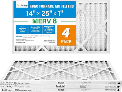 LotFancy 14x25x1 Air Filter MERV 8 4-Pack, Electrostatic Pleated Furnace & AC Filter, Captures Dust, Pet Hair, Pollen, Actual Size: 13.75"x24.75"x0.75"