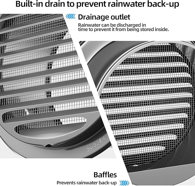 6" in Heavy Duty Thickened 304 Stainless Steel Air Vent Cover Louvered Grille Cover Vent Hood Flat Ducting Ventilation Air Vent Wall Air Outlet with Fly Screen Mesh for House (6inch-150mm Flat Black)