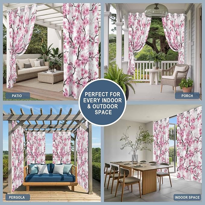 Cherry Flowers Outdoor Curtains for Patio Spring Flower Vintage Watercolor Waterproof Outside Curtains with Grommet Top Weatherproof Curtain for Cabana Pergola Gazebo, 2 Pack, 54" W x 95" L