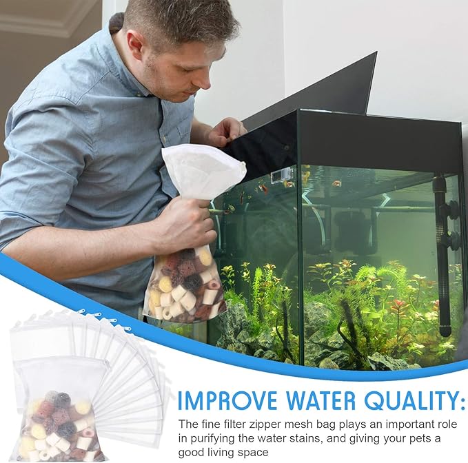 Geiserailie 15 Pieces Aquarium Filter Media Bags 150 Micrometer Fine Filter Bags Mesh Reusable with Zipper for Activated Carbon Resins (5.5 x 7.9 Inch)