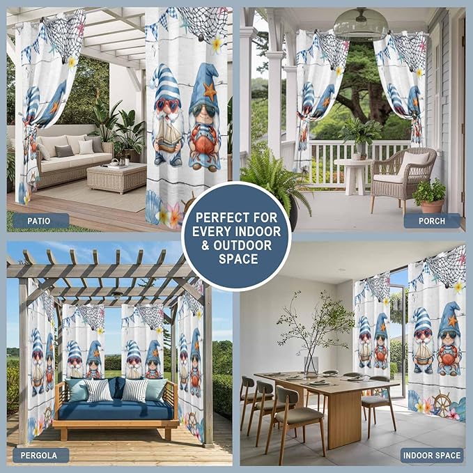 Ocean Gnome Outdoor Curtains for Patio Summer Marine Plumeria Shell Wooden Waterproof Outside Curtains with Grommet Top Weatherproof Curtain for Cabana Pergola Gazebo, 2 Pack, 54" W x 84" L