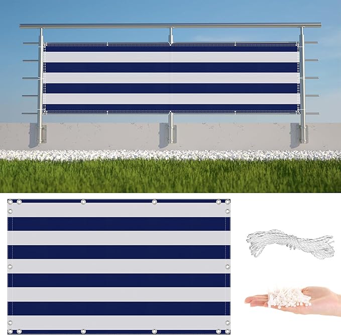 Privacy Screen Protector 3.6' x 26.2' UV Protection Weather-Resistant Outdoor Dog Fence, Included Cable Zip Ties for Wall Screen, Outdoor Garden, Wedding Decor, Blue Stripes