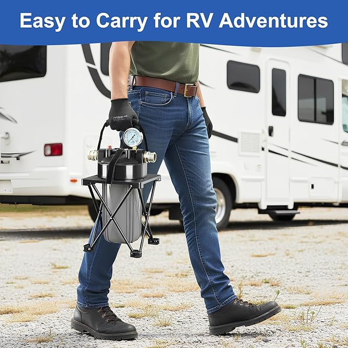 6-Layer RV Water Filter with Stand and 0.5 Micron Filtration, 3/4" GHT Metal Threads Garden Hose Water Filter, Reduces Sediments, Chlorine, VOCs, Heavy Metals, Bad Taste, Odor, and More