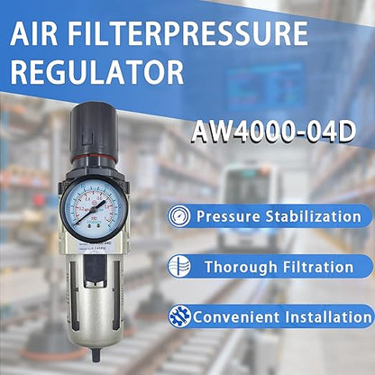HengMinLingTong 1/2" NPT Compressed Air Filter Regulator Combo Piggyback, 5 Micron Brass Element, Poly Bowl, Auto Drain, Metal Bracket, 0-150 psi Gauge AW4000-04D