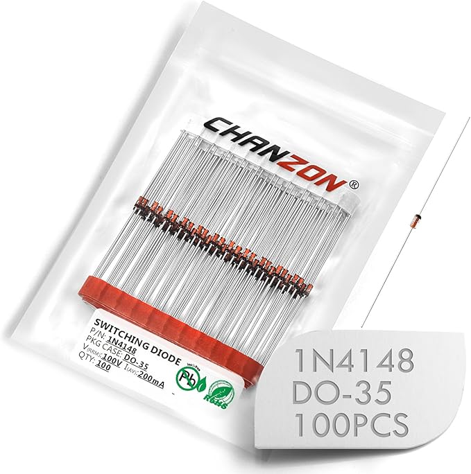 Chanzon 1N4148 Small Signal Fast Switching Diodes High-Speed Axial 200mA 100V DO-35 (DO-204AH) IN4148 Silicon Diodes (Pack of 100 Pieces)