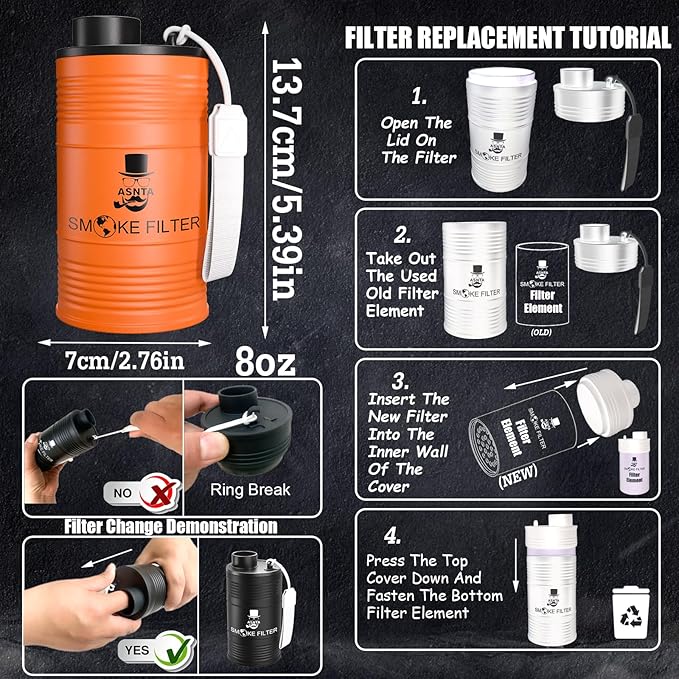 Metal Housing Personal Filter - Effectively Captures Smoke and Removes Odors,Long-Term Use, Equipped with Replaceable Cartridge (Orange)