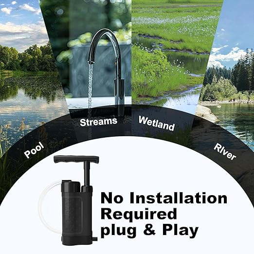 Portable Water Filter Pump, 0.01 Micron Manual Survival Water Purifier for Camping Hiking Backpacking Emergency, Fast Flow Removes Harmful Substances & Sediment (k8188 Black)