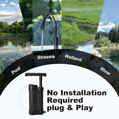 Portable Water Filter Pump, 0.01 Micron Manual Survival Water Purifier for Camping Hiking Backpacking Emergency, Fast Flow Removes Harmful Substances & Sediment (k8188 Black)