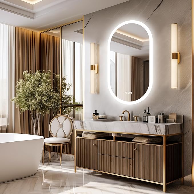 LUVODI Lighted LED Bathroom Mirror: 40x20IN Oval Anti-Fog Dimmable Wall Mounted Makeup Mirror with Backlit - Illuminated 3 Colors Vanity Mirrors with Demister Pad Smart Touch Switch Memory Foam