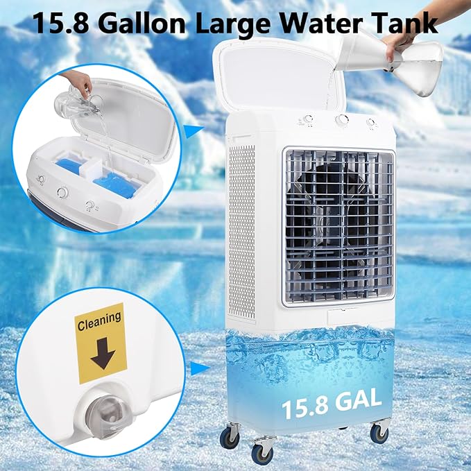 GarveeHome 4100 CFM Evaporative Air Cooler, Swamp Cooler with Remote Control and 4 Ice Packs, 3 Wind Speeds and Modes, Air Cooler for Outdoor/Indoor Use, 15.8 gal