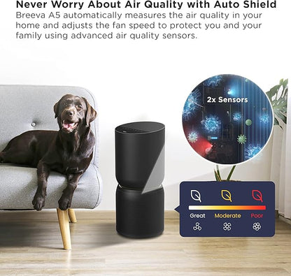 TCL Breeva A5 Smart Air Purifier with 5-Stage Clean, True HEPA (H13), Removes 99.97% of Dust/Bacteria/Odors & More, App & Voice Control, Auto Shield, Ultra-Quiet, Black (A515B)
