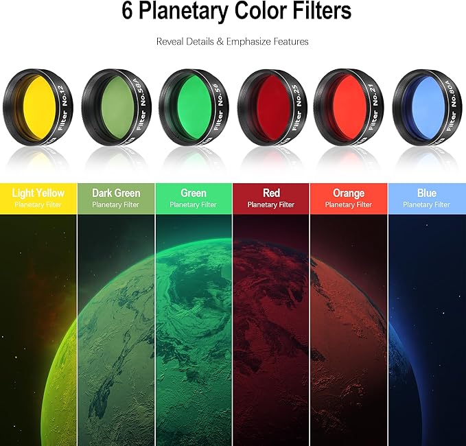 Astromania Telescope Filter Set for 1.25 Inch Eyepiece&Astronomical Telescopes, 7 Pcs Telescope Accessories Color Filter Kit Include Red Yellow Green Blue Moon Filters for Planetary Lunar Observation