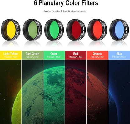 Astromania Telescope Filter Set for 1.25 Inch Eyepiece&Astronomical Telescopes, 7 Pcs Telescope Accessories Color Filter Kit Include Red Yellow Green Blue Moon Filters for Planetary Lunar Observation
